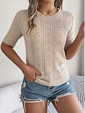 abordables Hauts en dentelle-Femme Pull en maille torsadée Pullover Le style mignon du quotidien mode Couleur unie A côtes Col Ras du Cou Ouvert Tricoté Manches à volants Manches courtes Hauts réguliers Tricoter Intérieur Soirée