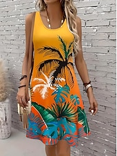 abordables Robes hawaïennes-Femme Mini robe Robe Trapèze Robe Débardeur Elégant mode Décontractées du quotidien Standard Floral Graphic Sans Manches Col en U Jaune Eté Printemps