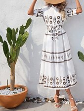 ieftine Rochii casual florale-Pentru femei Rochie Lunga Rochie Maxi Rochie casual Rochie de vară Rochie Boho Modă În aer liber Concediu Dată Fit regulat Vopsire Lungime Manșon 3/4 Guler Cămașă Negru Alb Trifoi Vară Primăvară
