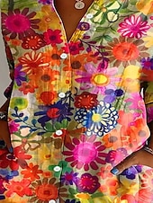 billige Blomstrete topper-Dame Skjorte Blomstret Fritid Langermet Skjortekrage Vanlige topper Arbeid Daglig Knapper Trykt mønster Rød Vår Høst Vinter