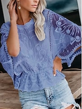 economico Top eleganti-Per donna Camicia Camicia in pizzo Top con cuciture in pizzo Blusa Tinta unica Elegante Moda Informale Mezza manica Maniche ad aletta Girocollo Top regolari Invitati del matrimonio Giornaliero Per