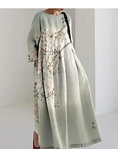 abordables Robes fleuries-Robe Maxi Femme Robe Décontractée Vacances Coupe ample Florale Graphique Lin semblable Manches 3/4 Col rond Vert Printemps Automne Hiver