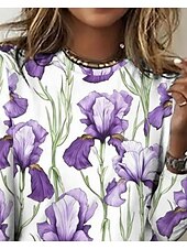 abordables T-shirt floral-Femmes T-shirt Fleuri Élégant ancien Mode manche longue Col ras du cou Hauts Réguliers Quotidien Sortir Week-end Imprimé Violet Été Printemps