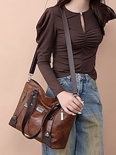 cheap Handbag &amp; Totes-Premium Brown Faux Leather Handbag for Women – Versatile Messenger Bag with Adjustable Strap for Work and Casual Use