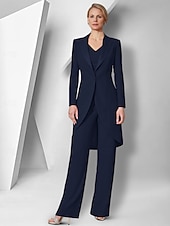 cheap Mom&#039;s Pant Suits-Pantsuit 3 Piece Mother of the Bride  Elegant V Neck Floor Length Stretch Fabric Long Sleeve Wrap Included with Solid Color 2025