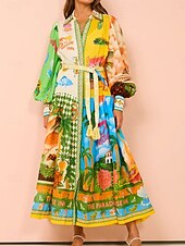 preiswerte Hawaiikleid-Damen Midikleid A Linie Kleid Figurbetontes Kleid Kleid mit Puffärmeln Urlaub Puffärmel Urlaub Casual Täglich Regular Fit Graphic Langarm Hemdkragen Grün Sommer