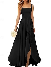 baratos Vestidos para Madrinhas-Linha A Vestido de Madrinha Correias / Decote Quadrado Sem Manga Elegante Longo Chiffon / Elastano com Pregas / Fru-Fru / Pregueado 2022