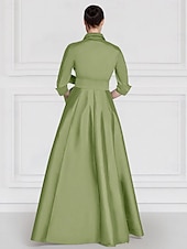 cheap GREEN-Green Floral Embroidered A-Line Satin Evening Gown Elegant Dress Formal Wedding Floor Length Half Sleeve Shirt Collar