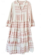 cheap Stripe&amp;Geometric Dress-Women&#039;s Maxi Dress T Shirt Dress Tee Dress Sundress Ruffle Dress Fit And Flare Dress Vacation Vacation Daily Regular Fit Graphic Long Sleeve V Neck Red Gray Summer