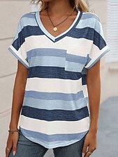 cheap Stripe&amp;Geometric tee-Women&#039;s T Shirt Striped Fashion Modern Casual Short Sleeve V Neck Regular Tops Daily Weekend Pink Wine Sky Blue Summer Spring