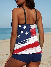 cheap Independence Day swimwear-Women&#039;s Swimsuits Patriotic  Tankini 2 Piece Boy Leg Swimsuit Backless Vacation Beach Wear Flag U Neck Sleeveless Bathing Suits