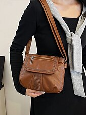 billiga Crossbodyväskor-brun crossbody-väska i konstläder med dubbdetaljer – avslappnad, trendig handväska för vardagsbruk, shopping och utflykter svart röd blå