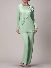 voordelige Broekpakken van mama-Strand Bruiloft Twee Delige Jumpsuit  Pantsuit Moeder van de Bruid Bruiloft Gast Elegante Plus Size Juweel Hals Vloerlengte Chiffon Lange Mouw met Strik(ken) Rimpelingen 2025