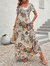 tanie Sukienki kwiatowe-Damskie Sukienka maxi Codzienne sukienki Sukienka A line Letnie sukienki Urlop Zabytkowe Etniczne Codzienny Regularny Kwiaty Graficzny Krótki rękaw Kwadratowy dekolt Khaki Lato Wiosna