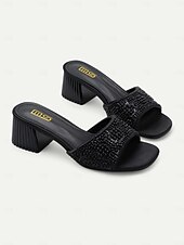 cheap Vacation Sandals-Women&#039;s Light Blue Pearl-Embellished Block Heel Mules – Elegant Open-Toe Slip-On Sandals for Summer Parties &amp; Evening Wear