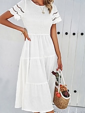 ieftine Rochii Albe din Dantela-Pentru femei Rochii Midi Rochie albă Rochie de dantela Rochie casual Rochie de vară Modă În aer liber Concediu Dată Fit regulat Simplu Manșon scurt Stil Nautic Negru Alb Trifoi Vară Primăvară
