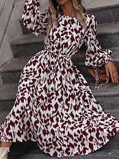 olcso Művészet és Design Ruha-Női Midi ruha A vonalú ruha Puff ujjú ruha Elegáns Szabadság Stílusos Puffos Vakáció Hétköznapi Napi Normál Grafika Hosszú ujj Terített nyak Fehér Rubin Barna Nyár