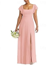 baratos Vestidos para Madrinhas-Linha A Vestido de Madrinha Scoop pescoço Manga Curta Elegante Longo Chiffon / Elastano com Fru-Fru / Pregueado / Fenda Frontal 2022