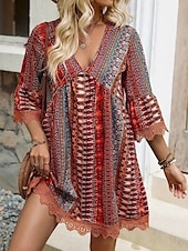 tanie Sukienki boho-Damskie Sukienka mini Codzienne sukienki Sukienka Boho Elegancki Codzienny Urlop Codzienny Regularny Graficzny Geometryczny Rękaw 3/4 W serek Rumiany róż Czerwony Niebieski Lato