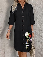billiga Casual blommiga klänningar-Kvinnors Mini Klänning Avslappnad Klänning Stilig Grundläggande Avslappnad Semester Daglig Regular Fit Blommig Linne-liknande 3/4 Långärmad V-hals Svart Sommar Vår