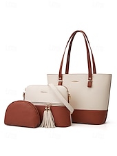 economico Borsette e borse tote-elegante set di borse da donna bicolore patchwork con decorazione a nappe - borsa a mano, borsa a tracolla e borsa piccola - perfette per il tempo libero quotidiano, per andare al lavoro