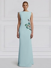 abordables Robes de Soirée-Robe de soirée colonne florale verte bleue robe élégante formelle brodée invité de mariage longueur sol sans manches col rond capes crêpe extensible avec paillettes 2025