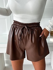 preiswerte Bermudashorts-Damen Lederhosen Casual Kurz Normal Einfarbig Bequem Unelastisch Freizeitskleidung Schwarz Braun Sommer Regular Fit
