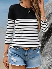 billige Stripe og geometrisk t-skjorte-Dame T skjorte Stripet Fritid Langermet Crew-hals Vanlige topper Daglig Trykt mønster Svart Vår Høst