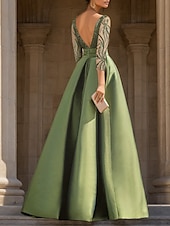 preiswerte GRÜN-Meerjungfrau/Trompete Abendkleid abnehmbarer Überrock formelle Hochzeit bodenlang 3/4 Ärmel Rundhals Satin Perlen Spitze mit Schlitz 2025
