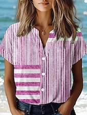abordables Tops à Rayures et Géométriques pour Femmes-Blouse pour femmes à fleurs élégante vintage quotidienne à manches courtes col régulier tops quotidien similicuir jaune rose bleu poussiéreux violet vert été