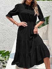 preiswerte Blumenkleider-Damen kleid lang Maxidress A Linie Kleid Basic Brautkleider schlicht Urlaub Arbeit Casual Regular Fit Glatt Halbe Ärmel Rundhalsausschnitt Schwarz Burgunderrot Grün Sommer Frühling Herbst