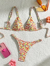 voordelige Bikinisets-Dames Zwemkleding Bikini 2 stuks String Zwempak Blote rug Slank Vakantie Strand Kleding Bloemig V-hals Mouwloos Badpakken