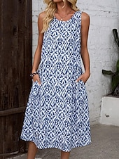 ieftine Rochii boho-Pentru femei Rochii Midi Rochie A line Rochie de vară Casual Vacanță Fit regulat Grafic Geometric Fără manșon Stil Nautic Albastru piscină Vară
