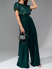 abordables Moins de 129,99 $-Pantalon mère de la mariée Robe élégante décontractée col rond longueur sol polyester manches courtes avec ceinture  ruban 2025