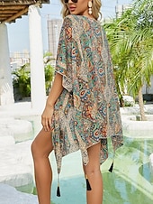 billiga Strandklänningar-Damers baddräkter cover up baddräkt knappar semester strandkläder paisley v-hals långärmad baddräkter