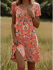 tanie Sukienki boho-Damskie Sukienka mini Codzienne sukienki Codzienny Codzienny Regularny Kwiaty Graficzny Krótki rękaw Półgolf Pomarańczowy Lato