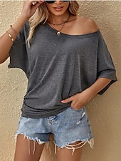 abordables T-shirt uni-T- shirt pour femmes Couleur Unie Basique Décontractée Manches 3/4 Col Ronde Hauts Quotidiens Noir Rouge Abricot Gris Été Printemps