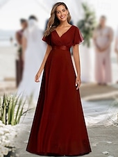 economico Abiti da sposa-Abiti da Prom A-Line Abito Elegante Ospite di Matrimonio Laurea Lunghezza Piena Maniche Corte Collo a V Abito da Damigella Chiffon con Schiena a V e Rouches