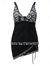 billiga Tankinis-Dam Badkläder Tankini 2 st Kjol Baddräkt Öppen rygg Hög midja Semester Standkläder Blommig Leopard V-hals Ärmlös Baddräkter