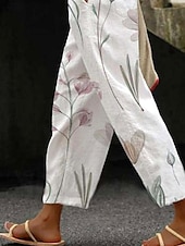billiga Raka byxor-Kvinnors Bomull Linne Byxor Baggy Byxor Linne Lik Elegant Vintage Mode Full längd Hög midja Blommig tryck Andningsbar Mjuk Mikroelastisk Utomhus Daglig Linne Lik Pärlvit Regular Fit