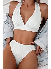 billiga Bikiniset-Dam Badkläder Bikini 2 st Kaxig Baddräkt Öppen rygg Smal Semester Standkläder Ensfärgat V-hals Ärmlös Baddräkter