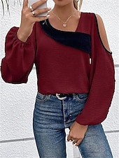 preiswerte Damen Einfache Oberteile-Damen Hemd Bluse Farbblock Elegant Täglich Stilvoll Langarm Laternenärmel U-Ausschnitt Normale Oberteile Arbeit Täglich Festtage Patchwork Wein Blau Beige Frühling Herbst