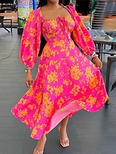 halpa Kukkamekko-Naisten Midimekko Korsetti mekko A linjainen mekko Maitotar Mekko Puff Sleeve mekko Loma Loma Päivittäin Normaali Kukka Pitkähihainen V kaula-aukko Rubiini Kesä