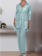 cheap Mom&#039;s Pant Suits-Jumpsuit / Pantsuit 3 Piece Mother of the Bride  Formal Wedding Guest Elegant Plus Size V Neck Ankle Length Chiffon Lace 3/4 Length Sleeve Wrap Included with Sequin Crystal Brooch 2025