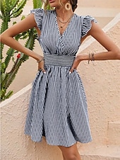 ieftine Rochii Business-Pentru femei Rochie Mini Rochie casual Rochie A line Stilat Casual Vacanță Casual Zilnic Fit regulat Dunga Manșon scurt În V Negru Albastru celest Vară