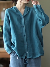cheap Shirts-Women&#039;s Shirt Cotton Linen Shirts Button Up Blouse Solid Color Basic Casual Long Sleeve Hooded Regular Tops Daily Buttons White Red Blue Beige Summer