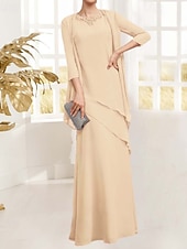 preiswerte Mit Jacke-Zweiteiliges Kleid der Mutter der Braut Elegant Vintage Einfach Juwel-Ausschnitt Bodenlang Chiffon 3/4 Länge Ärmel Jackett Kleider mit Pailletten Beading Kaskadierende Rüschen