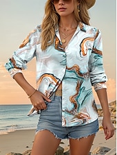 voordelige Vrouwen&#039;s Kunst &amp; Design Tops-Dames Overhemd Tie Dye Abstract Casual Lange mouw Overhemdkraag Normale tops Werk Dagelijks Knop Afdrukken Licht Blauw Lente Herfst Winter