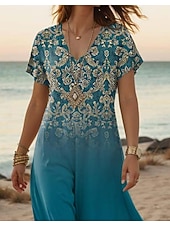 tanie Sukienki boho-Damskie Sukienka maxi Codzienne sukienki Sukienka A line Elegancki Codzienny Urlop Codzienny Regularny Kwiaty Zabytkowe Krótki rękaw W serek Jasnozielony Niebieski Fioletowy Ciemnoniebieski Lato