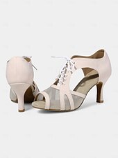 economico Scarpe per balli latini-scarpe da ballo nude con lacci e ritagli in rete – punta aperta, tacco medio per donna – perfette per lezioni di danza e spettacoli
